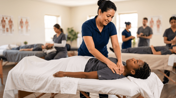 Massage therapy school owner teaching a massage therapy class