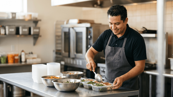 Meal prep and delivery business owner preparing healthy meals for customer delivery services