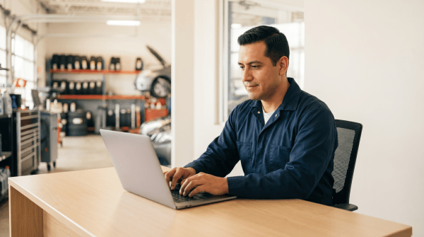 Mechanic registering an auto repair business as an LLC from workspace