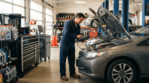 Auto mechanic working underneath a vehicle at a full-service auto repair shop