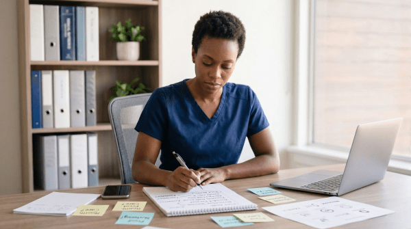 At-home health agency owner creating LLC name ideas for a healthcare business