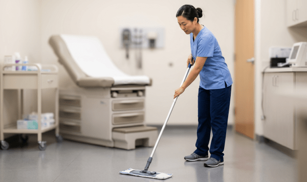 Medical facility cleaning specialist sanitizing a medical office for a healthcare cleaning business