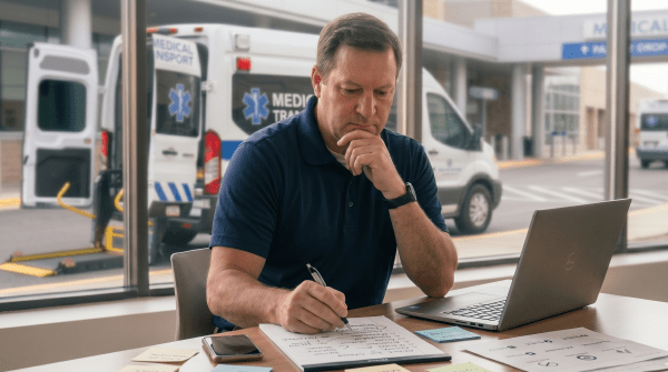 Medical transport business owner brainstorming LLC business name ideas