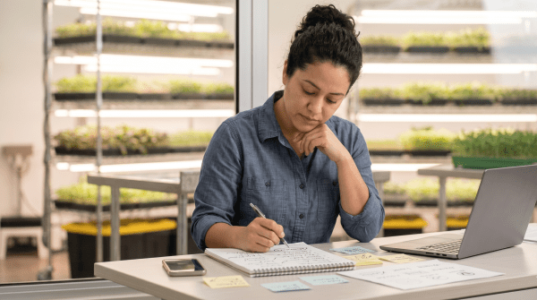 Microgreens delivery farm owner brainstorming LLC names for a fresh produce business
