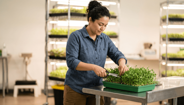 Microgreens delivery farm owner harvesting fresh microgreens for a local produce delivery business