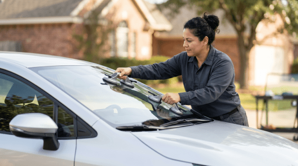 Mobile auto glass repair and replacement technician replacing a windshield for a mobile repair business