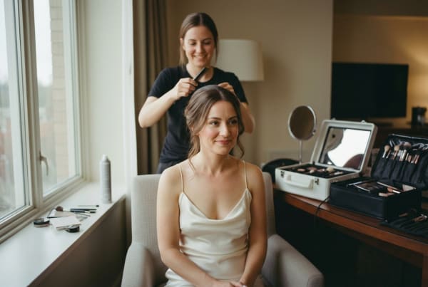 Mobile bridal hair and makeup artist preparing a bride before her wedding