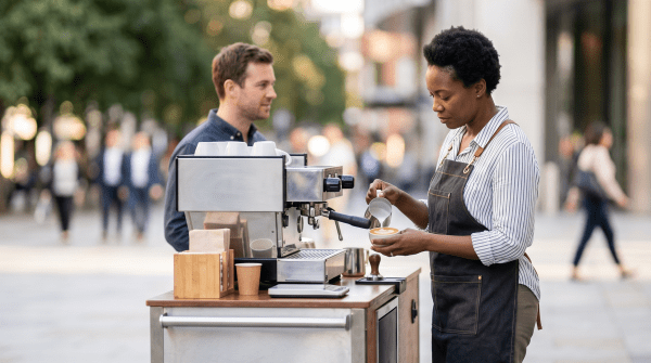 Mobile coffee cart owner serving coffee from a cart