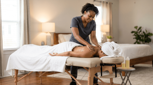 Mobile massage therapist providing an in-home massage therapy service for clients