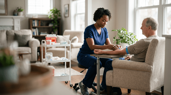 Mobile phlebotomy business owner drawing blood on a mobile visit