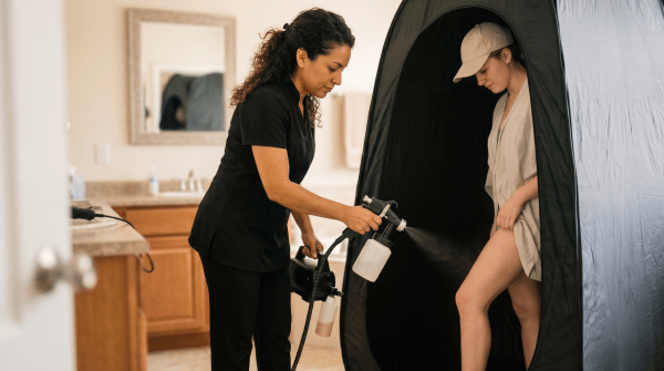 Mobile spray tan technician applying a spray tan service at a client’s home or location
