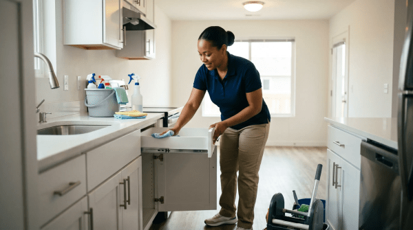 Move-in and move-out cleaning professional thoroughly cleaning an empty home between tenants