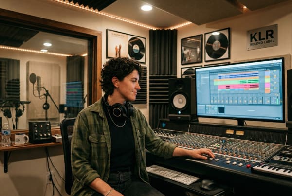 Music record label artist recording vocals in a studio alongside the studio owner