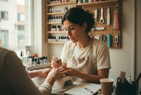 Nail salon business owner performing a professional manicure on a client