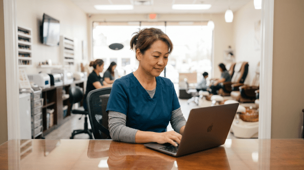 Nail salon owner registering a nail business as an LLC from workspace