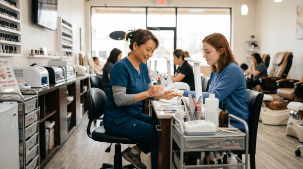 Nail salon business owner performing a professional manicure on a client