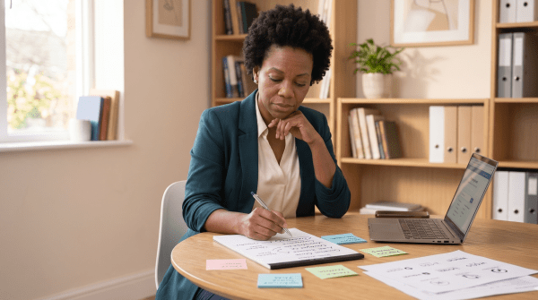 Nanny agency owner reviewing LLC name ideas for a childcare staffing business