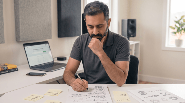 Digital art business owner reviewing LLC name ideas for an NFT company