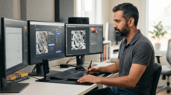 NFT and digital art business owner creating digital artwork for an online creative business
