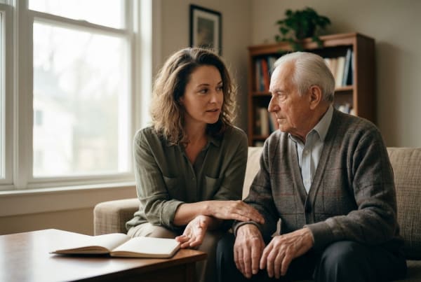 Non-medical senior home care agency owner assisting an elderly client in a home setting