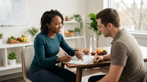 Nutrition coaching business owner coaching a client on nutrition