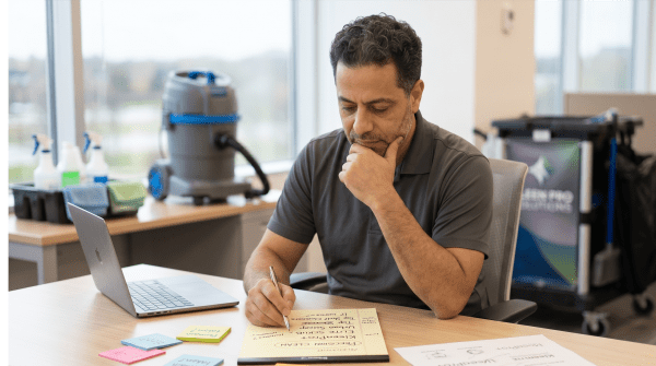 Office cleaning business owner reviewing LLC business name ideas