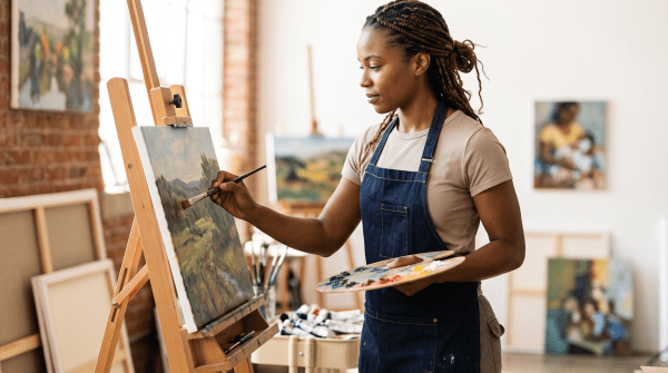 Oil painting studio owner working on a canvas at an easel