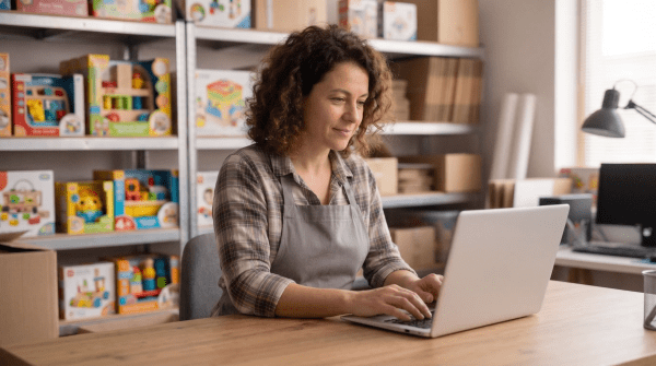 Online toy store owner managing inventory while starting an LLC business
