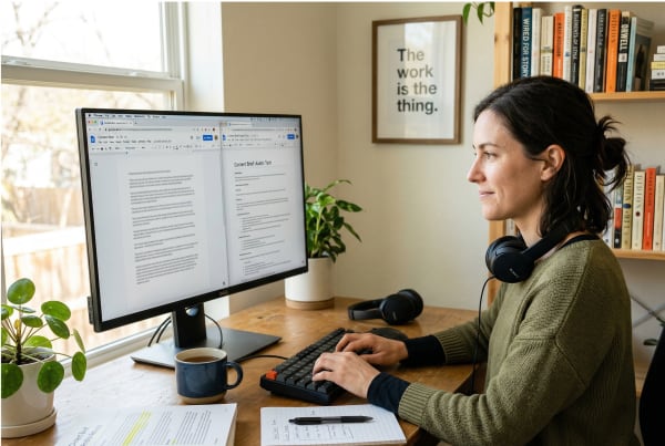 Online content writing business owner writing an article on their computer