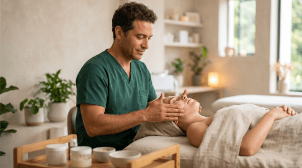 Organic skincare clinic owner performing a natural skincare treatment at a wellness clinic