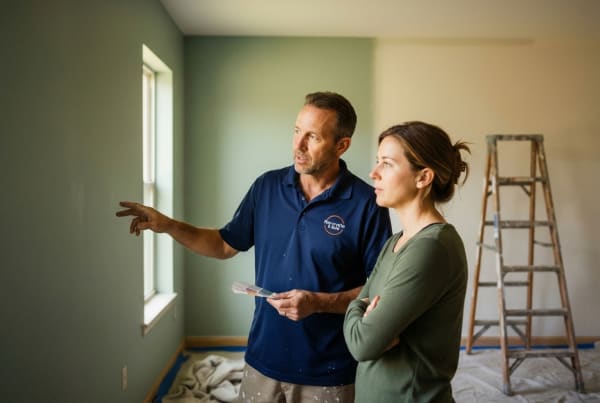 Painting contractor business owner discussing a project scope and estimate with a residential client
