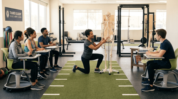 Personal trainer school owner teaching a personal training class