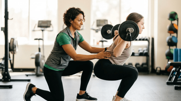 Personal training business owner coaching a client through a workout at a gym