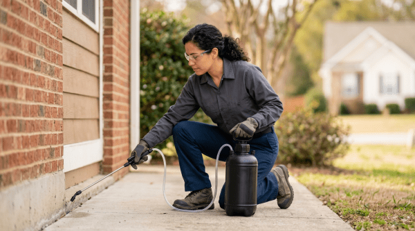 Pest management specialist treating a home for pests at a pest control services business