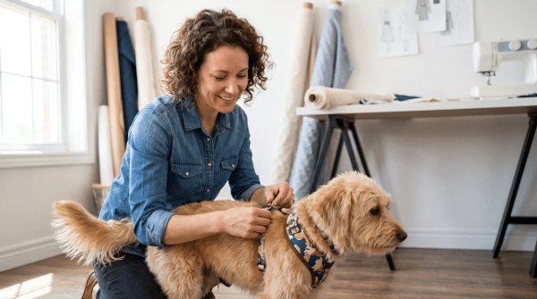 Reviewing dog clothing samples at a pet apparel brand design workspace
