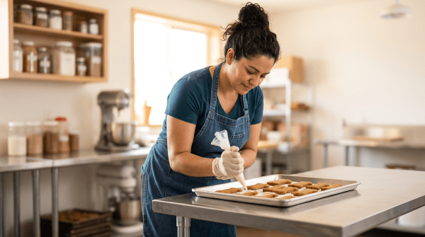 Pet bakery owner decorating fresh dog treats behind a display counter