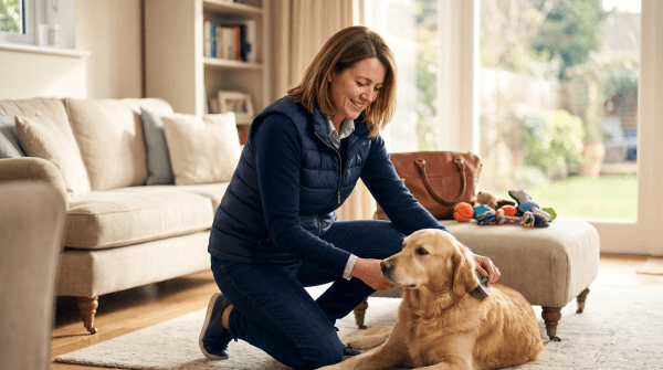 Pet concierge greeting a dog while checking a schedule on a tablet