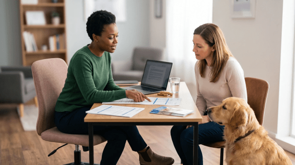 Pet insurance consultant reviewing coverage options with a client at a desk