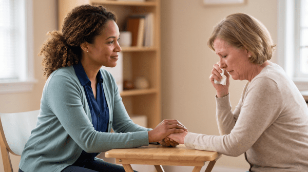 Pet loss support counselor speaking compassionately with a grieving client