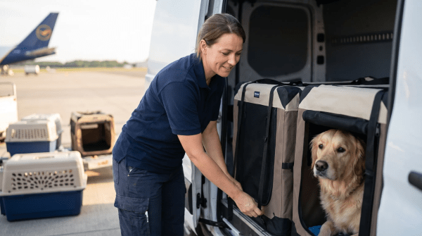 Pet relocation specialist preparing a travel crate for a dog at a facility