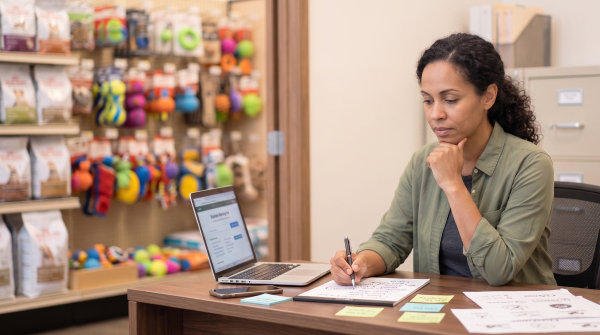 Pet retail store owner brainstorming business name ideas