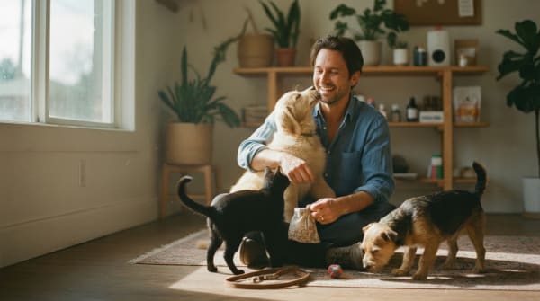 Pet sitting business owner playing with cats and dogs in a home setting