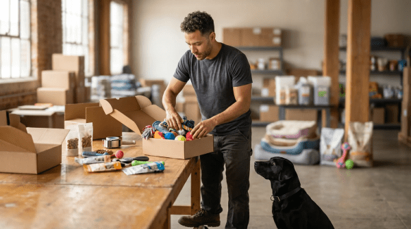 Packing treats and toys into branded boxes at a pet subscription box workspace