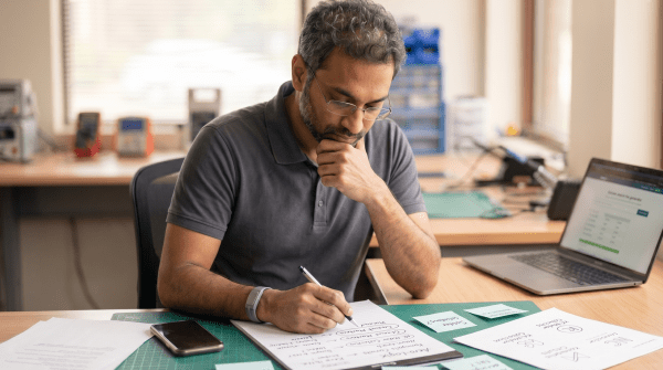Phone and device repair business owner reviewing LLC name ideas for a repair shop