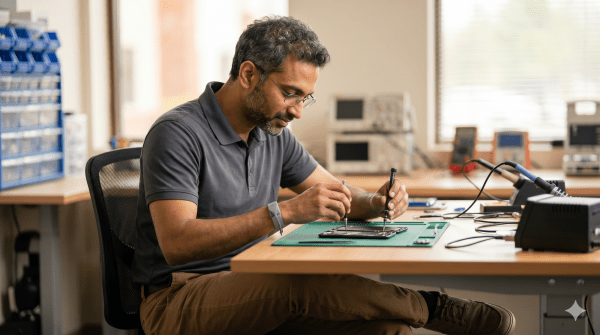 Phone and device repair technician repairing a smartphone at an electronics repair business