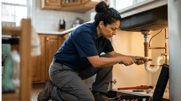 Plumbing contractor installing pipes in a home for a plumbing and repair services business