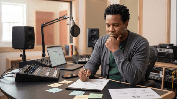 Podcast production studio owner brainstorming business name ideas