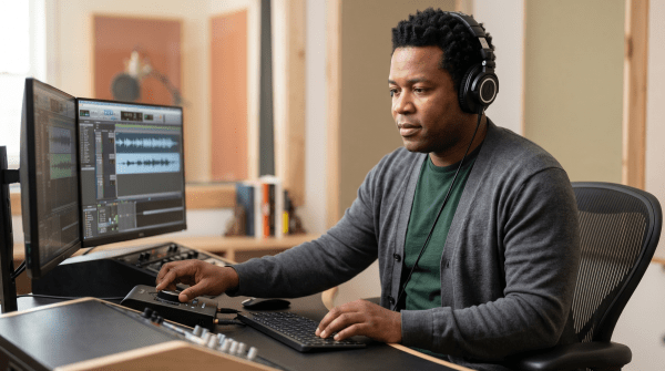 Podcast production studio owner adjusting equipment at a mixing desk