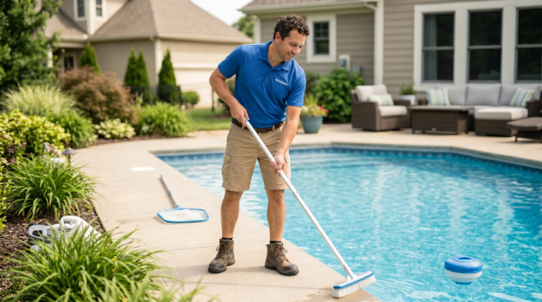 Pool cleaning business owner using a skimmer and equipment to maintain a residential swimming pool