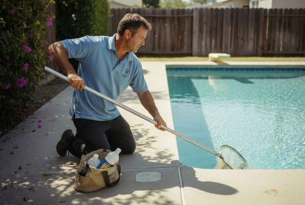 Pool cleaning business owner using a skimmer and equipment to maintain a residential swimming pool